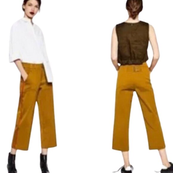 Zara SALE! High Waisted Wide Cropped Pants Mustard Color Red Stripes, sz. Medium - Picture 1 of 14